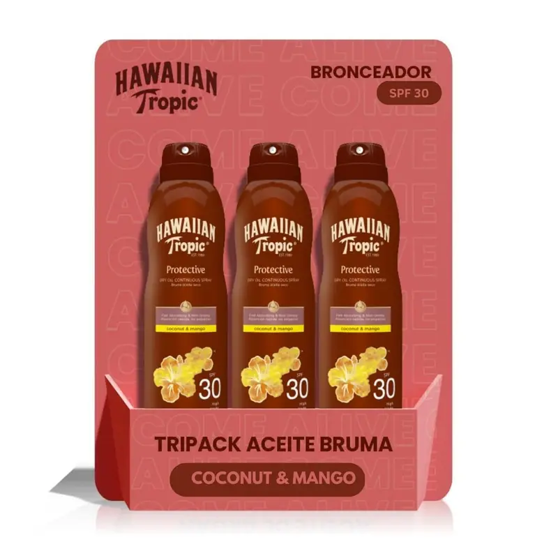 Hawaiian Tropic Glowing Protection Aceite Seco Bronceador SPF 30, Pack de 3x177 ml. Bruma de aceite con Argán para un bronceado luminoso, con protección alta y aroma tropical.