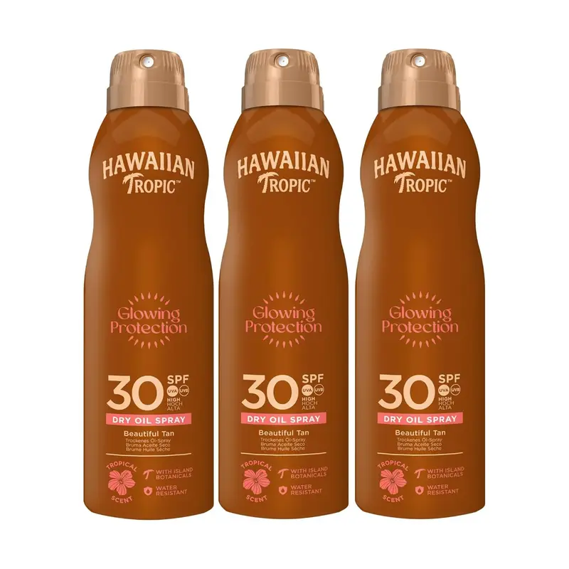Hawaiian Tropic Protective Bruma Aceite Seco SPF 30, Tripack (3x180 ml). Aceite bronceador en spray con aroma a coco y mango para una piel protegida, hidratada y brillante.