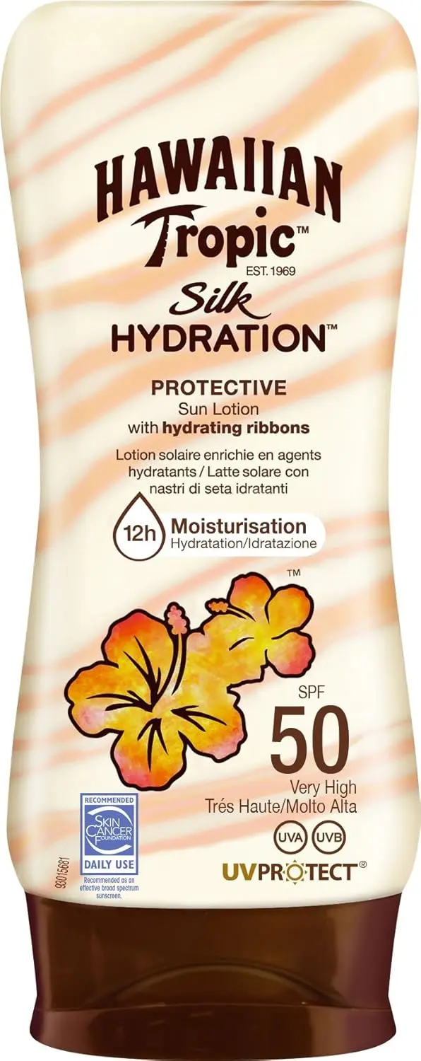 Hawaiian Tropic Silk Hydration Loción Solar Protectora SPF 50, 180ml. Disfruta de una alta protección UVA/UVB mientras mimas tu piel con 12 horas de hidratación y un irresistible aroma tropical.