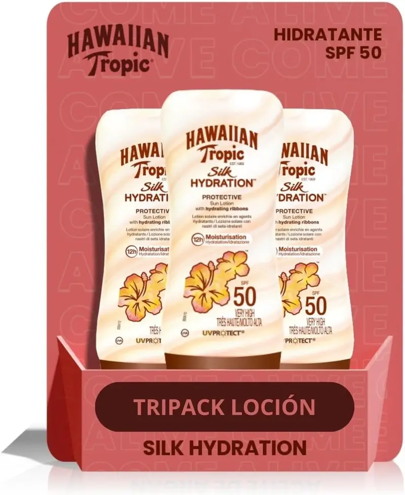 Hawaiian Tropic Silk Hydration Loción Solar SPF 50, 180ml. Protección solar avanzada que combina filtros UVA/UVB con cintas de seda para una hidratación intensa y una piel suave y protegida.