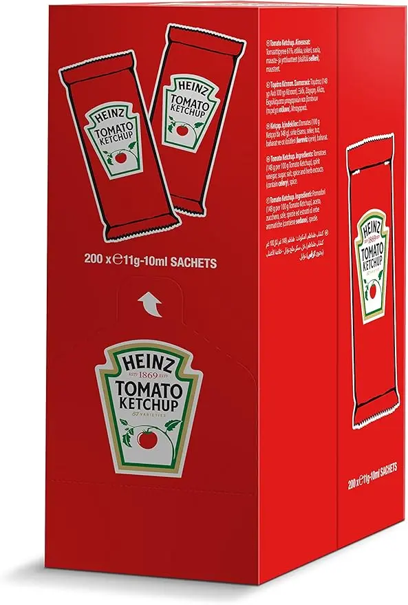 Heinz Ketchup Monodosis de 10ml, Caja de 200 Unidades. El sabor inconfundible del kétchup Heinz en un formato higiénico y práctico, ideal para hostelería, delivery y eventos.