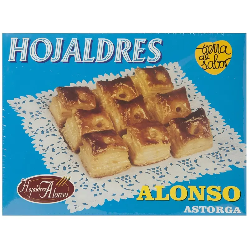 Hojaldres Alonso, los auténticos miguelitos de Astorga. Caja de 700 gramos de pura tradición y sabor artesanal, con una textura crujiente y un dulzor equilibrado.
