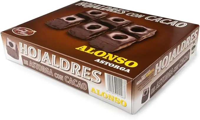 Hojaldres de Astorga Alonso bañados en chocolate, el capricho perfecto para los amantes del cacao. Estuche de 400 gramos con aproximadamente 10 deliciosas unidades.