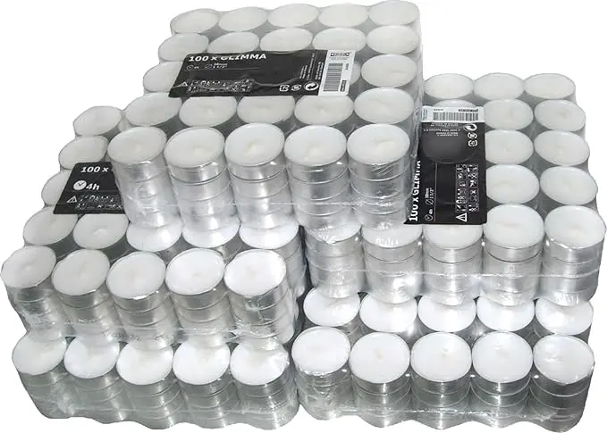 IKEA GLIMMA Mega Pack de 500 Velas de Té sin Perfume. El formato ahorro ideal para grandes consumidores, eventos y negocios, con 4 horas de duración por vela.