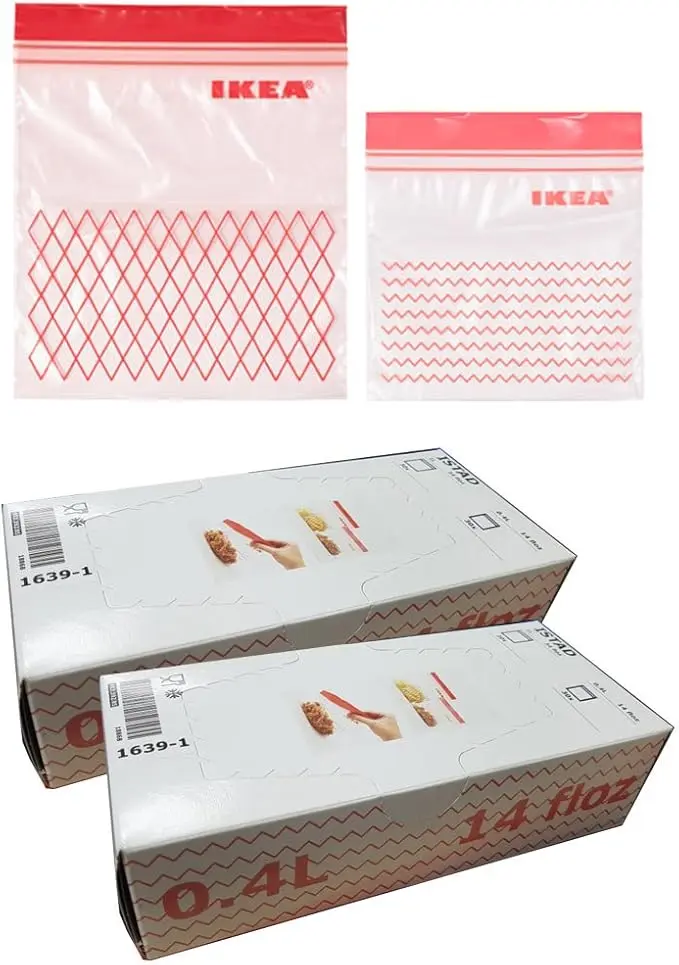 Ikea ISTAD Pack de 120 Bolsas Reutilizables con Cierre, Rojas. El set perfecto para snacks y porciones pequeñas, con 60 bolsas de 1L y 60 de 0,4L. Aptas para congelador y microondas.