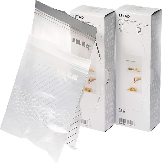 Ikea ISTAD Pack de 200 Bolsas para Congelar con Cierre Hermético. Suministro total de 100 bolsas de 2,5L y 100 bolsas de 1,2L, reutilizables y perfectas para el batch cooking y la organización.