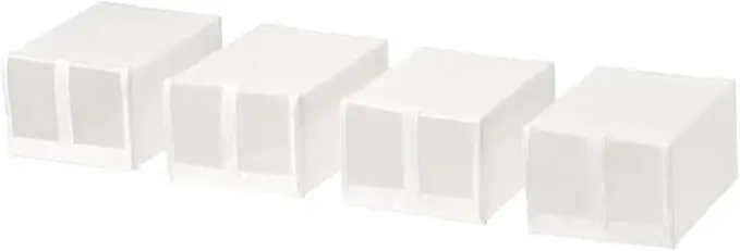 IKEA SKUBB Pack de 4 Cajas para Zapatos, organizadores apilables en color blanco (22x34x16 cm) con ventana de malla y cierre de velcro para un armario ordenado.