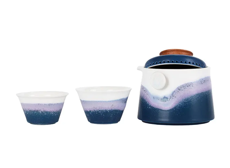 Juego de té de viaje azul con tetera de asa lateral # 94381