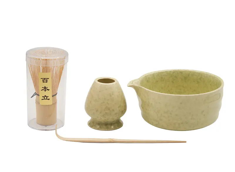 Juego de té matcha verde moteado con cuenco con pico, 4 piezas/juego n.° 93998
