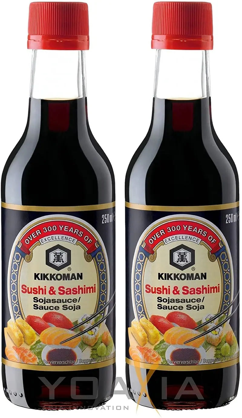 Kikkoman Salsa de Soja para Sushi y Sashimi, Pack de 2 Botellas (2x250ml). La salsa perfecta para tus platos japoneses, con un sabor más suave y ligeramente dulce que realza el pescado crudo.