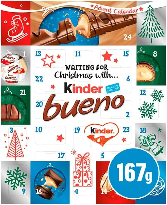 Kinder Calendario de Adviento, Caja con 24 sorpresas de chocolate. Un surtido de chocolatinas y snacks de chocolate con leche Kinder para la cuenta atrás de Navidad.