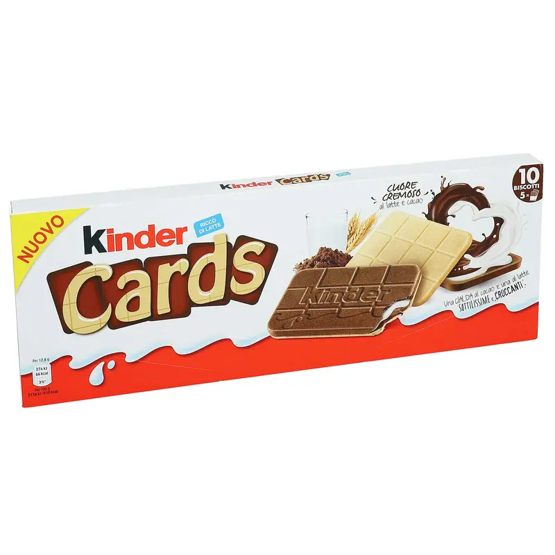 Kinder Cards, la primera galleta de Kinder, crujiente y cremosa. Pack de 2 cajas con 5 paquetes individuales cada una (Total 256g). Ideal para la merienda de los niños.
