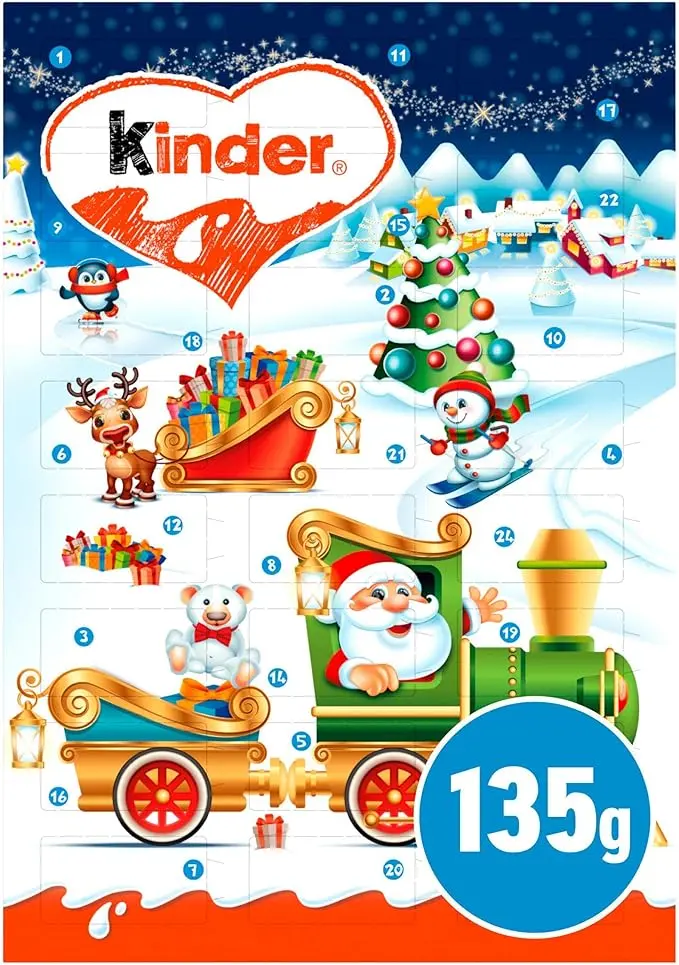 Kinder Chocolate Calendario de Adviento de 135g. La cuenta atrás más dulce para los niños con 24 sorpresas de chocolate con leche y chocolate con cereales.