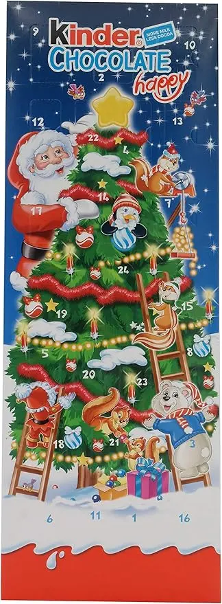 Kinder Chocolate Happy Calendario de Adviento. La cuenta atrás para Navidad con 24 deliciosos bombones de chocolate con leche y divertidas figuras navideñas para los niños.