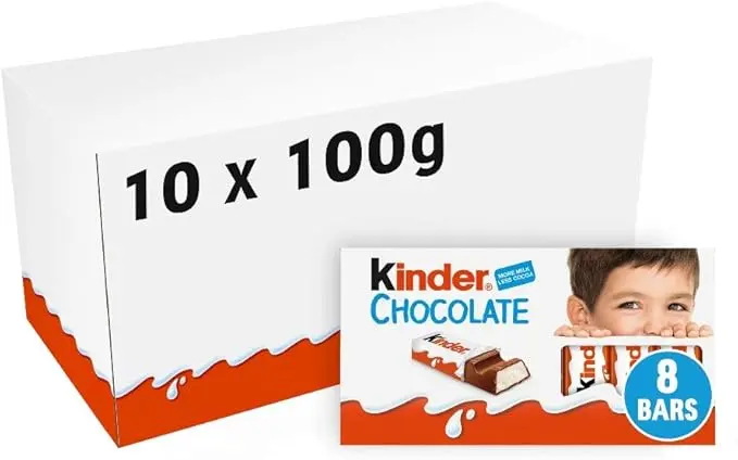 Kinder Chocolate, Mega Pack Familiar de 80 Barritas (1kg). Disfruta de la clásica chocolatina con corazón de leche en un formato ahorro con 10 paquetes de 8 barritas envueltas individualmente.