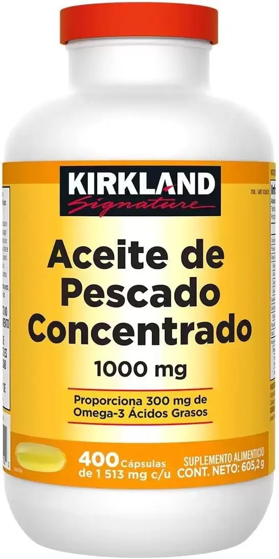 Kirkland Signature Aceite de Pescado con Omega-3, 400 Cápsulas de 1000mg. Un suplemento de alta calidad para el cuidado cardiovascular, cerebral y articular, elaborado con aceite de pescado puro.