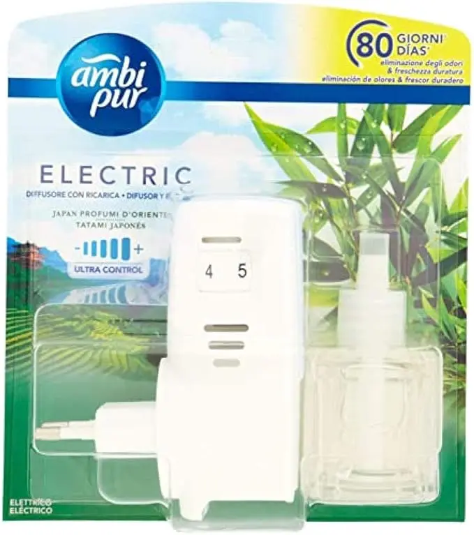 Kit Ambi Pur Ambientador Eléctrico, fragancia Tatami Japonés. Incluye difusor y recambio de 21,5 ml para eliminar olores y perfumar tu hogar hasta 80 días.
