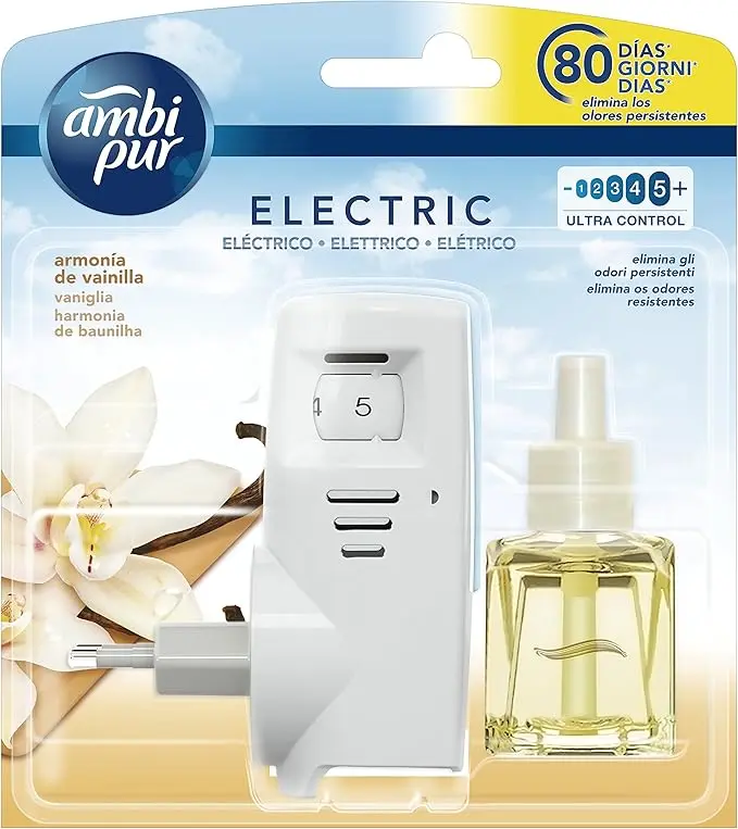 Kit Ambi Pur Ambientador Eléctrico, fragancia Vainilla (21,5 ml). Incluye difusor y recambio con tecnología Odourclear para eliminar olores y perfumar hasta 80 días.