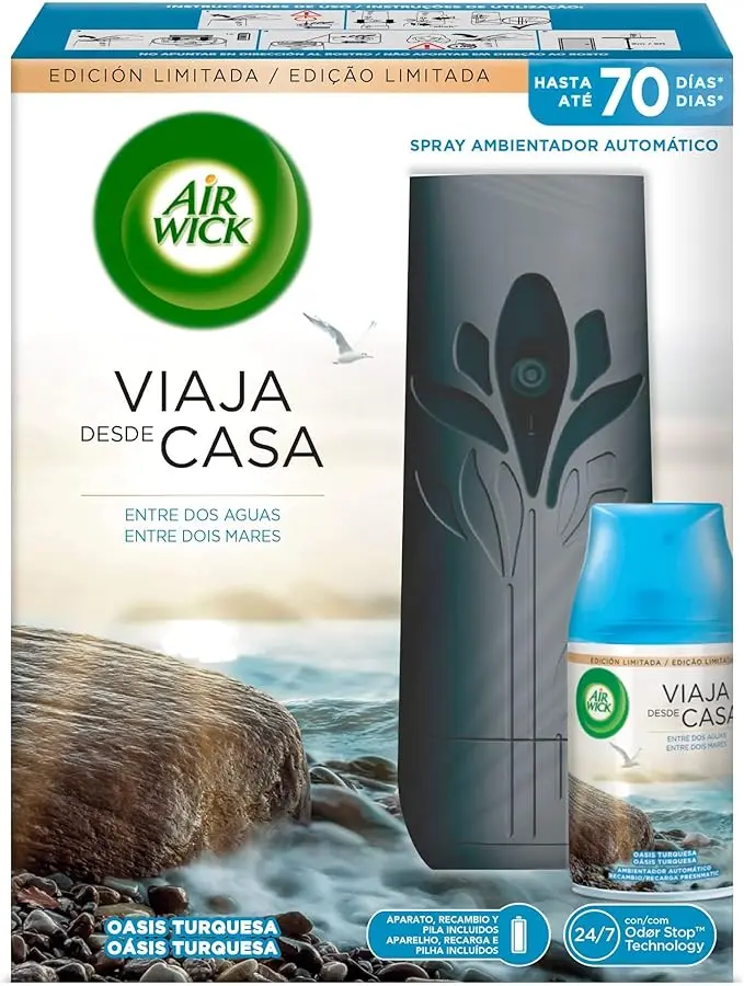Kit Completo Air Wick Freshmatic con fragancia Oasis Turquesa. Incluye 1 aparato difusor y 1 recambio para una escapada paradisíaca y un frescor de hasta 70 días.