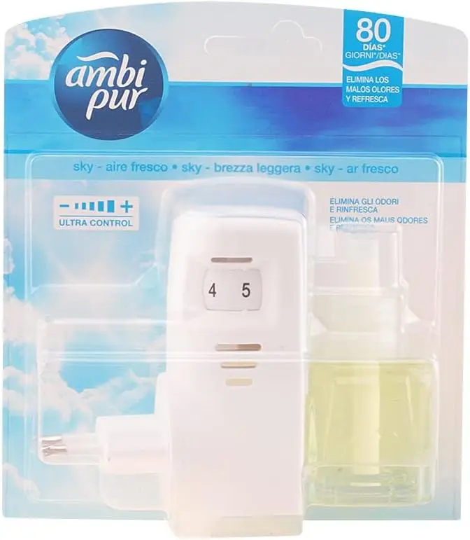 Kit Completo Ambi Pur Ambientador Eléctrico con fragancia Sky (21,5 ml). Un perfume unisex, fresco y original para eliminar olores y crear un ambiente único.