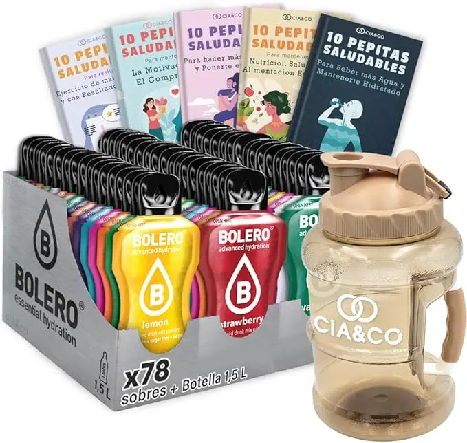 Kit completo Bolero con 78 sabores variados, botella de 1.5L (marrón) y 50 Pepitas Saludables Cia&Co. Hidratación natural sin azúcar, gluten ni conservantes.