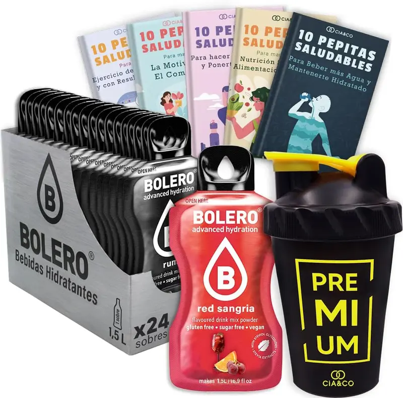 Kit completo con 24 sobres de Bolero sabor Sangría Roja, 50 Pepitas Saludables y botella shaker Cia&Co. La forma ideal de disfrutar de una sangría sin azúcar.