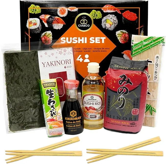 Kit Completo para Hacer Sushi en Casa de Cia&Co. Un pack regalo con todos los ingredientes y utensilios para 4 personas, ideal para principiantes y amantes de la cocina japonesa.
