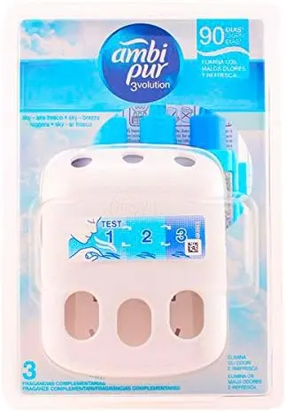 Kit de Ambientador Eléctrico Ambi Pur 3Volution Sky 21 ml. Incluye aparato difusor y recambio para disfrutar de un hogar libre de olores hasta 90 días.