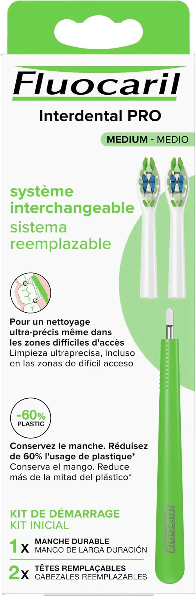 Kit de Cepillo de Dientes Fluocaril Interdental PRO de dureza Media. Incluye 1 mango duradero y 2 cabezales reemplazables para una limpieza interdental superior.