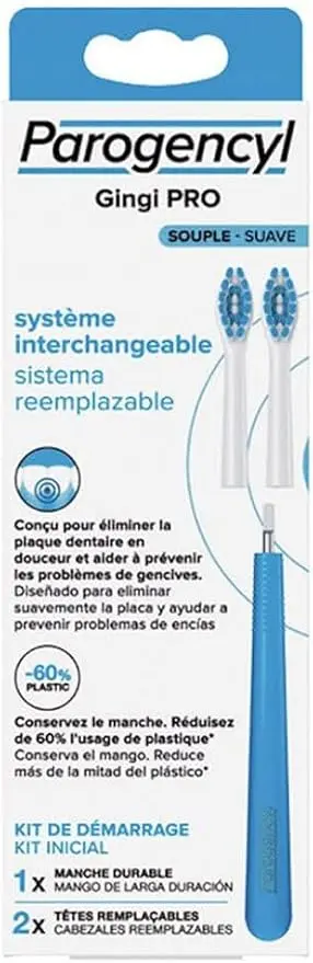 Kit de Inicio de Cepillo de Dientes Parogencyl Gingi PRO Suave. Un cepillo con sistema de cabezales reemplazables que incluye 1 mango y 2 recambios para el cuidado de las encías.