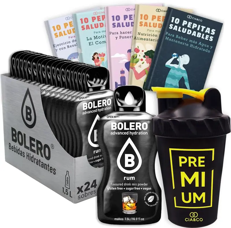 Kit premium con 24 sobres de Bolero sabor Ron sin alcohol, 50 Pepitas Saludables y una botella mezcladora shaker. La experiencia caribeña más completa.