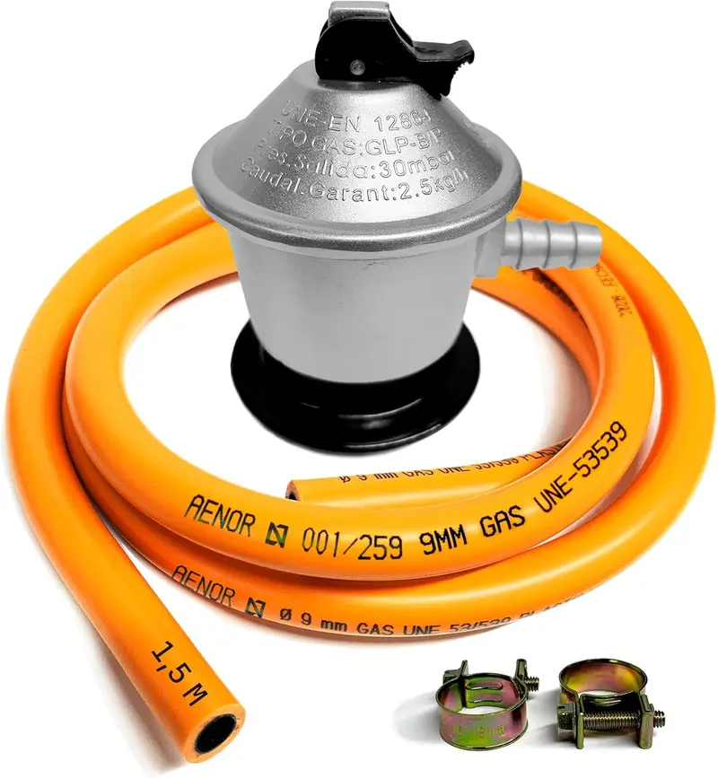 Kit Regulador Gas Butano 30 mbar con Manguera 1,5 m y Abrazaderas, Homologado para Cocina, Camping, Barbacoas y Paelleros