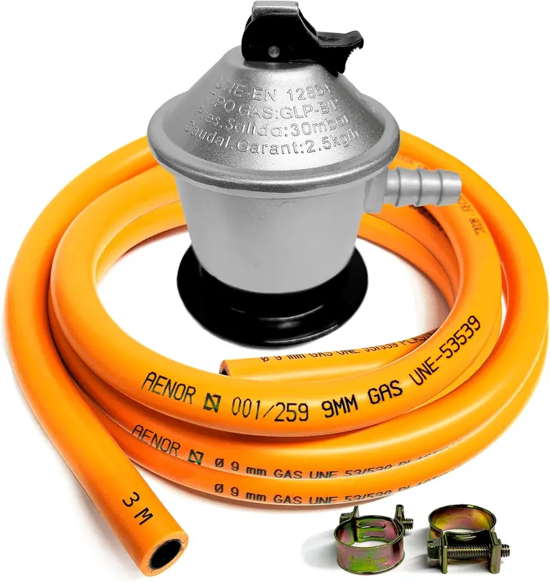 Kit Regulador Gas Butano 30 mbar con Manguera 3 m y Abrazaderas, Homologado para Cocina, Camping, Barbacoas y Paelleros