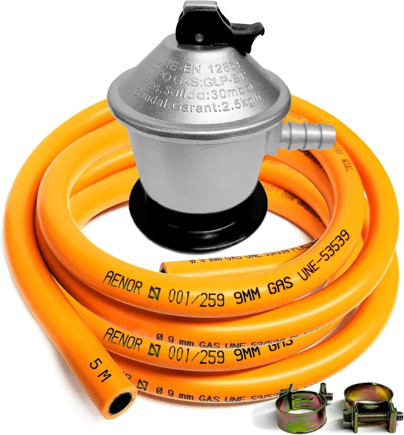 Kit Regulador Gas Butano 30 mbar con Manguera 5 m y Abrazaderas, Homologado para Cocina, Camping, Barbacoas y Paelleros