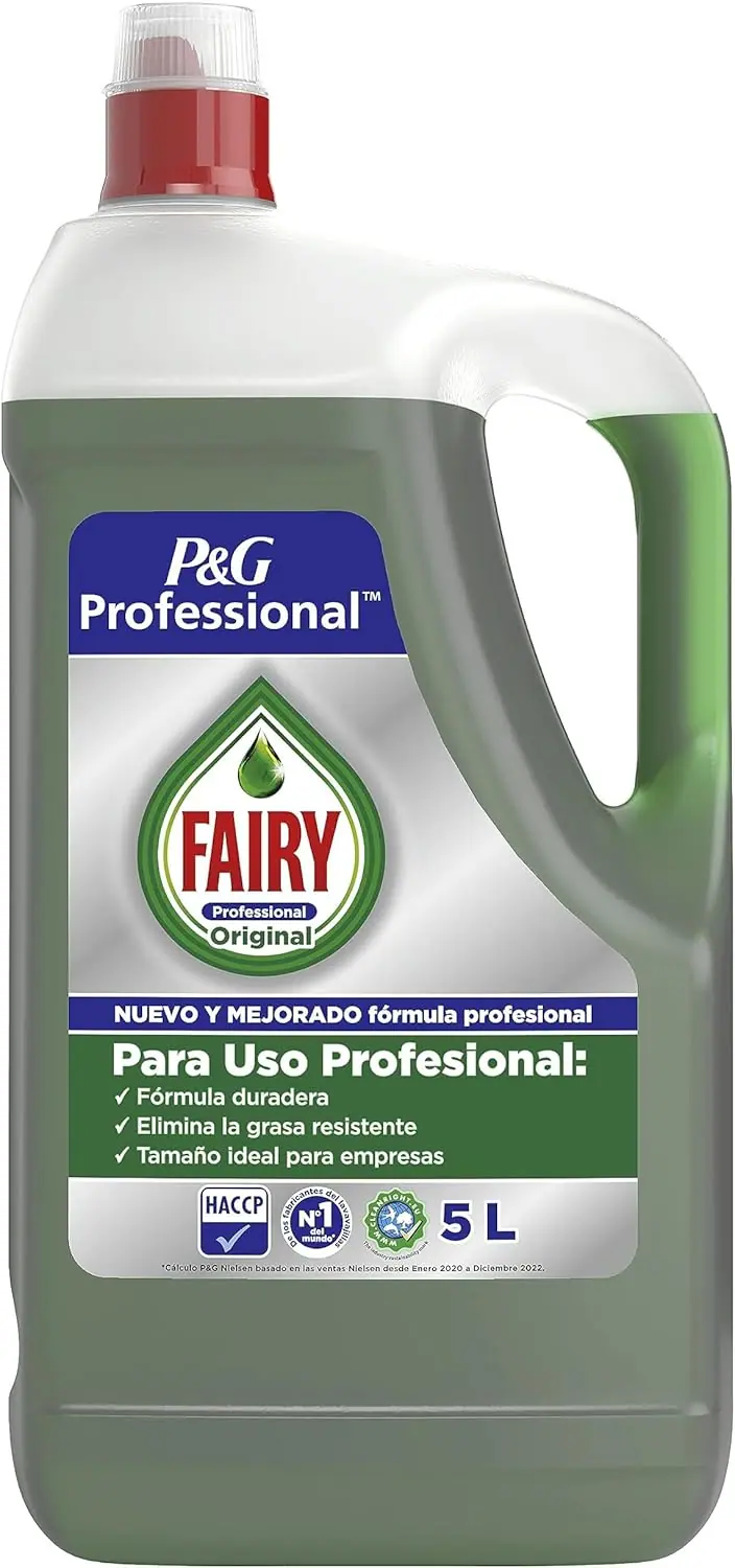 Lavavajillas líquido Fairy Professional en garrafa de 5 Litros. Fórmula concentrada con un poder antigrasa superior, ideal para cocinas profesionales y hostelería.
