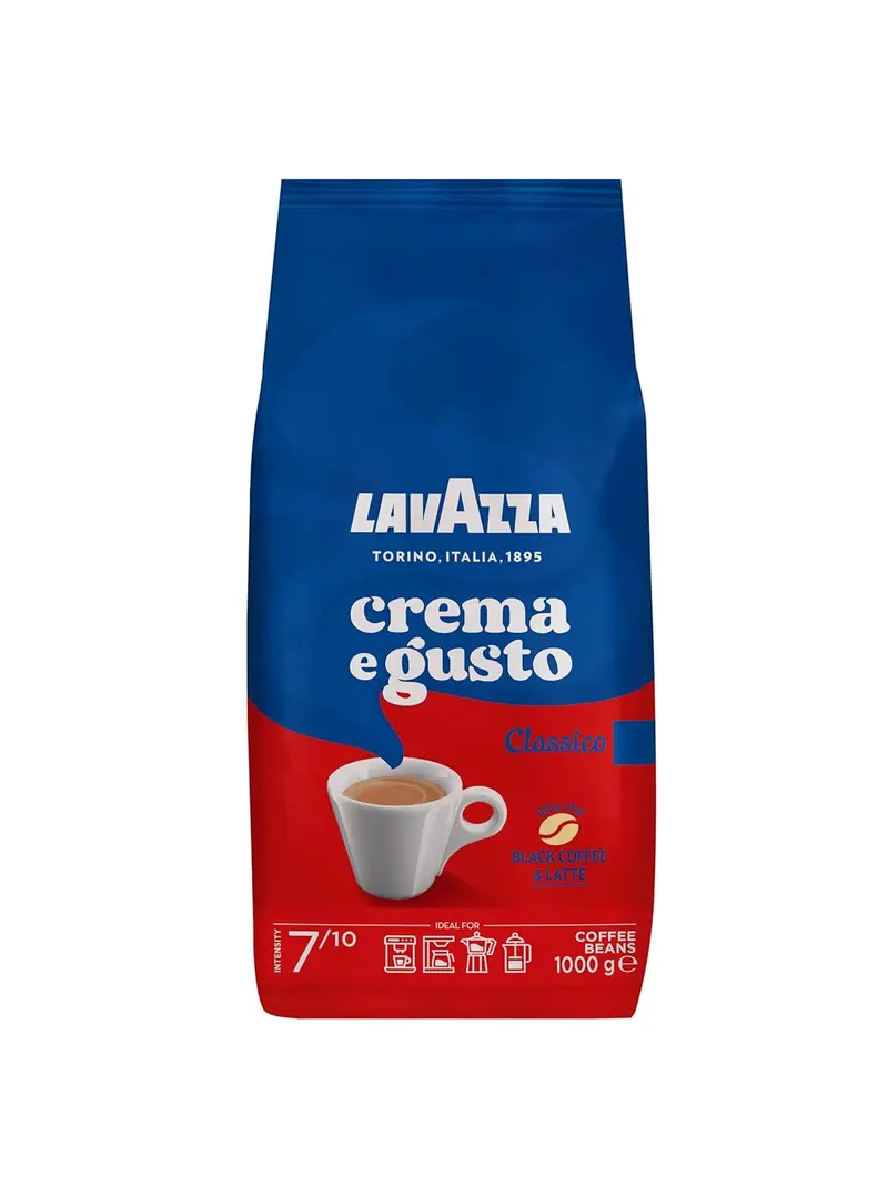 Lavazza Crema e Gusto Classico, café en grano de tueste natural 1Kg. Blend de Arábica y Robusta con intensidad 7/10 y notas especiadas, ideal para cafeteras espresso.