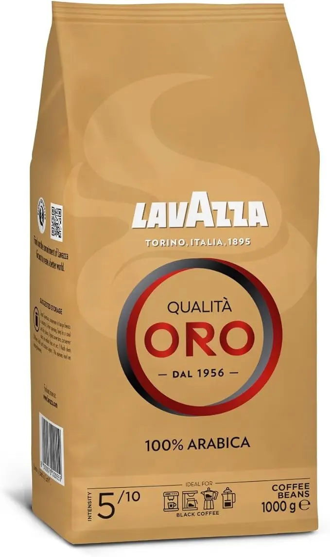 Lavazza Qualità Oro, Café en Grano de Tueste Natural, 1kg. Una sinfonía de café 100% Arábica con notas aromáticas de frutas y flores, ideal para un espresso perfecto.