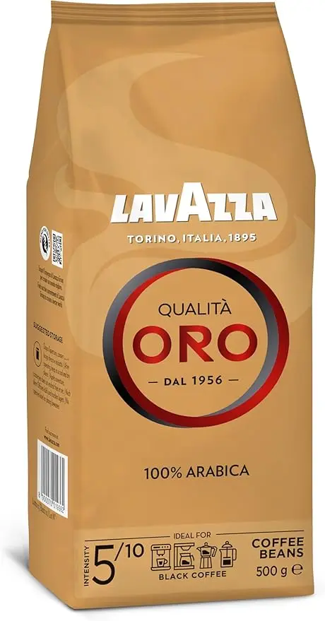 Lavazza Qualità Oro, Café en Grano de Tueste Natural, 500g. Un café 100% Arábica con notas de frutas y flores, ideal para disfrutar de un espresso de calidad superior.