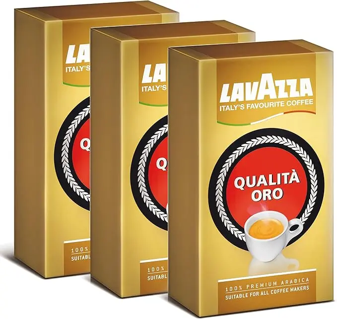 Lavazza Qualità Oro Café Molido 100% Arábica, pack de 3x250g. El blend premium e icónico de Italia con sabor suave y aromático, ideal para cafetera italiana y de filtro.