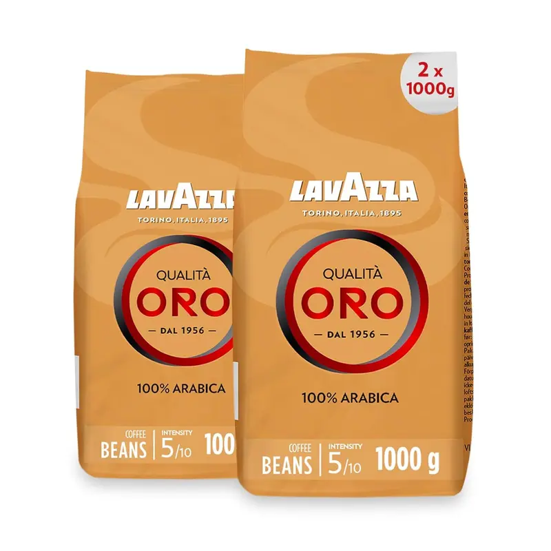 Lavazza Qualità Oro, pack ahorro de 2 bolsas de café en grano 100% Arábica (2x1Kg). El blend premium más icónico de Italia, suave y aromático para tu cafetera espresso.