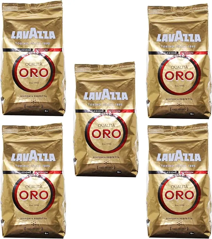 Lavazza Qualità Oro, pack ahorro de 5 bolsas de café en grano 100% Arábica (5x1Kg). Un blend premium, suave y aromático para disfrutar del auténtico sabor del espresso italiano.
