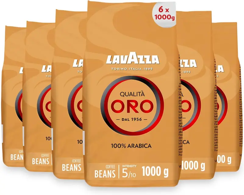 Lavazza Qualità Oro, pack ahorro de 6 bolsas de café en grano 100% Arábica (6x1Kg). El blend premium de Italia para los muy cafeteros, suave y con un sabor incomparable.
