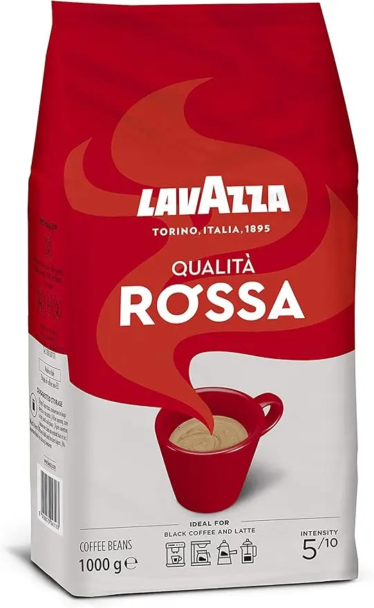 Lavazza Qualità Rossa, Café en Grano, 1kg. El clásico café italiano de tueste medio que combina granos de Arábica y Robusta para un espresso rico en sabor y con cuerpo.