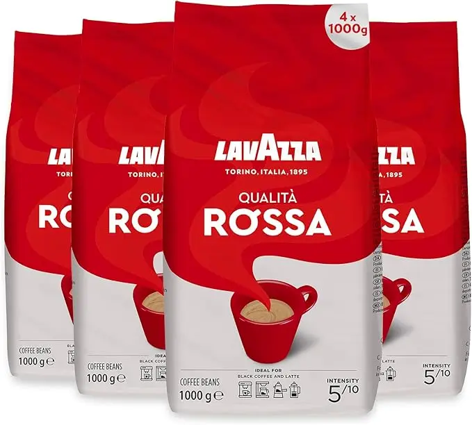 Lavazza Qualità Rossa, Café en Grano de Tueste Medio, Pack de 4 bolsas de 1kg (Total 4kg). Un café con cuerpo y sabor intenso, ideal para un espresso italiano auténtico.