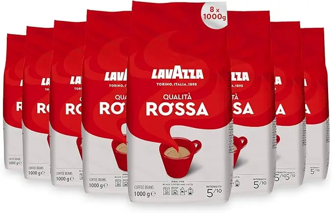 Lavazza Qualità Rossa, Café en Grano, Tostado Medio, Pack Ahorro para Hostelería de 8 bolsas de 1kg (Total 8kg). El blend italiano perfecto para un espresso con cuerpo.