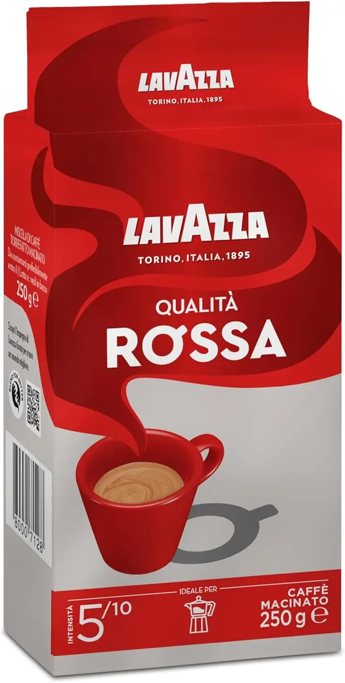 Lavazza Qualità Rossa, Café Molido de Tueste Natural (250g). El café icónico de Italia, una mezcla de Arábica y Robusta con intensidad 5 y notas a chocolate, ideal para tu cafetera Moka.