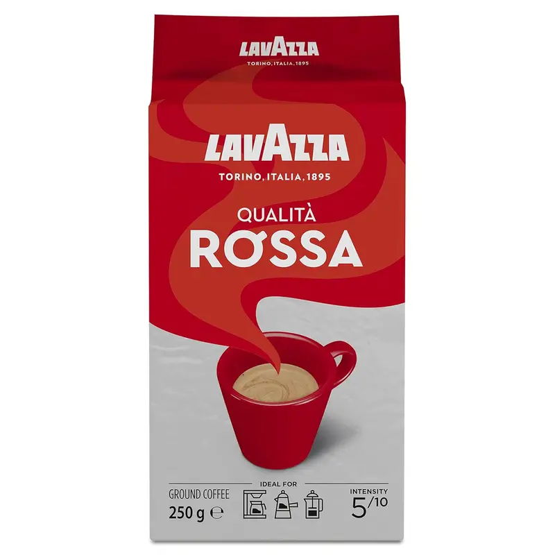Lavazza Qualità Rossa, Café Molido Italiano, Pack de 4x250g (1kg). Disfruta del auténtico ritual del café italiano con esta mezcla equilibrada de Arábica y Robusta, ideal para cualquier cafetera.
