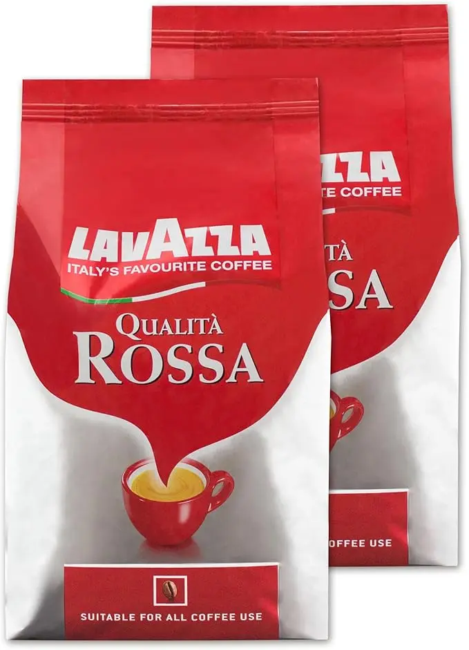 Lavazza Qualità Rossa, pack ahorro de 2 bolsas de café en grano (2x1Kg). El blend italiano de Arábica y Robusta con cuerpo, notas de chocolate y una intensidad 5/10.