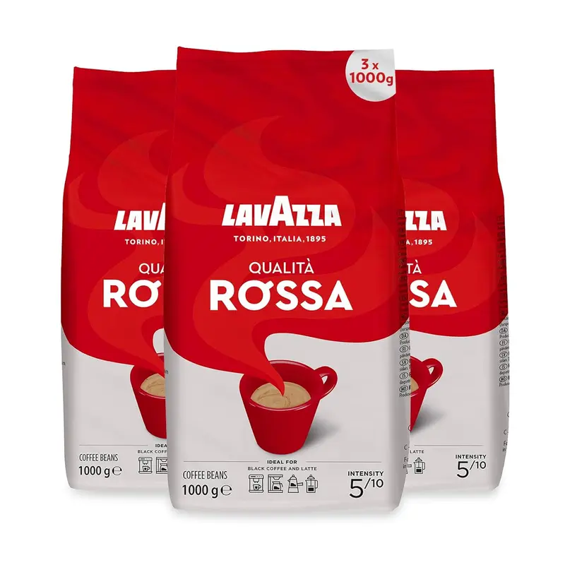 Lavazza Qualità Rossa, pack ahorro de 3 bolsas de café en grano (3x1Kg). El blend italiano de Arábica y Robusta con cuerpo, notas de chocolate y una intensidad 5/10.