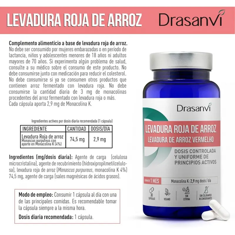 Levadura roja arroz 2.9mg monacolina bote nutrabasicos - 30 cápsulas - Drasanvi